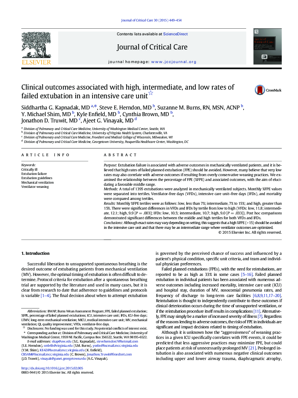 Clinical Assesment and OutcomeClinical outcomes associated with high, intermediate, and low rates of failed extubation in an intensive care unit