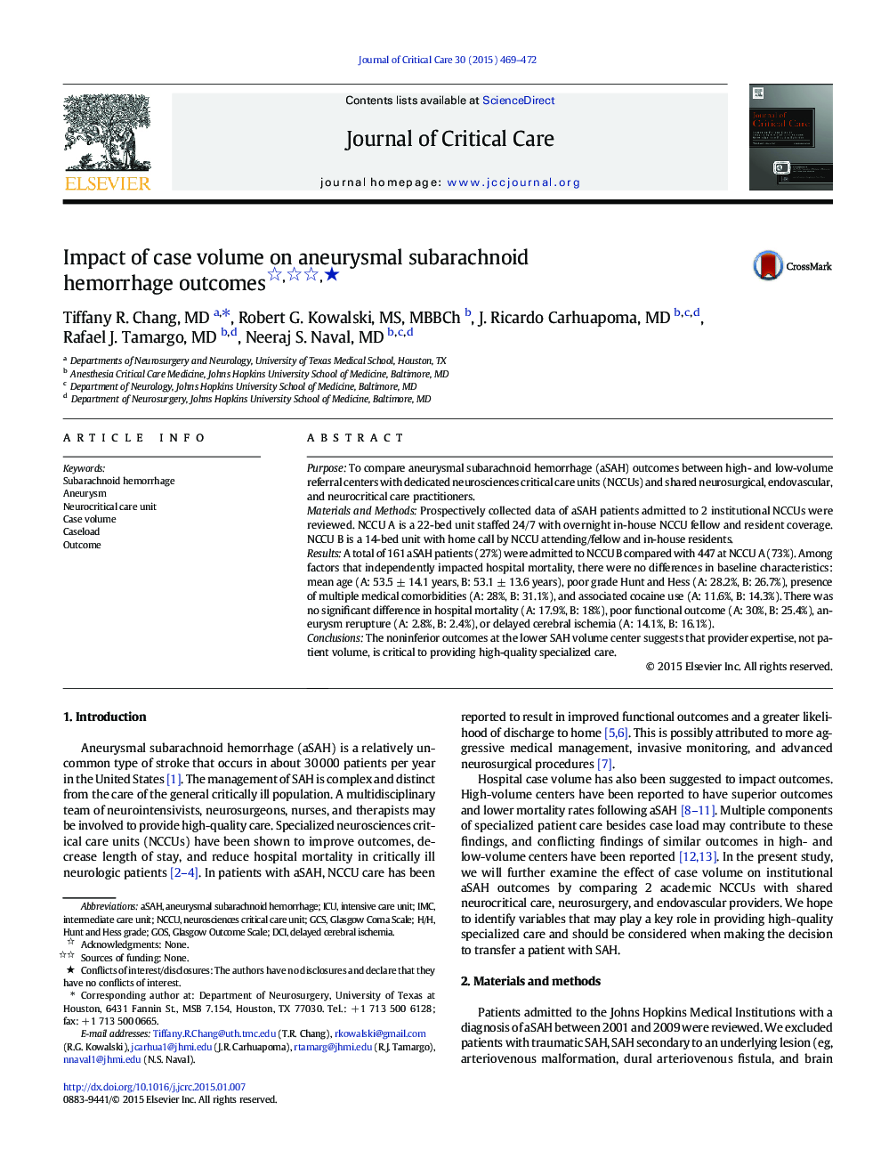 Impact of case volume on aneurysmal subarachnoid hemorrhage outcomesâ