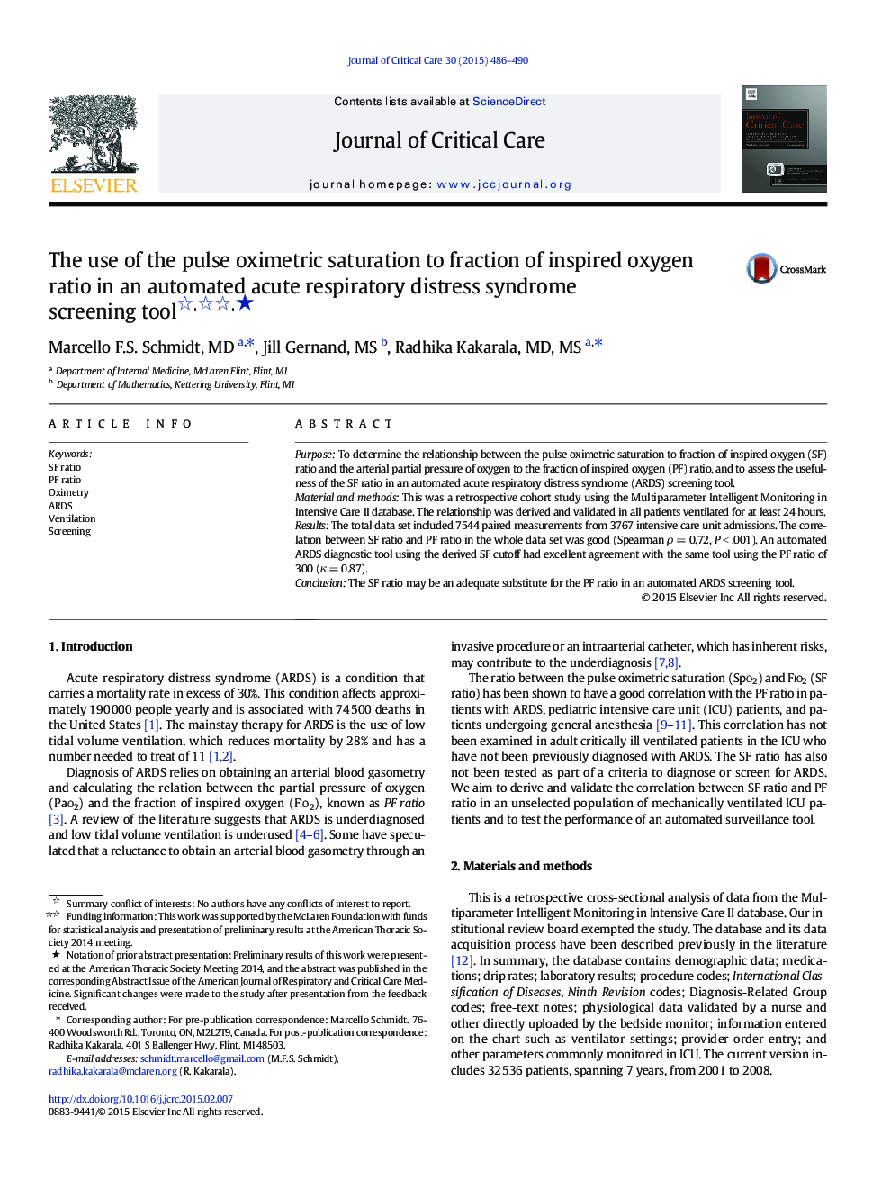 The use of the pulse oximetric saturation to fraction of inspired oxygen ratio in an automated acute respiratory distress syndrome screening toolâ