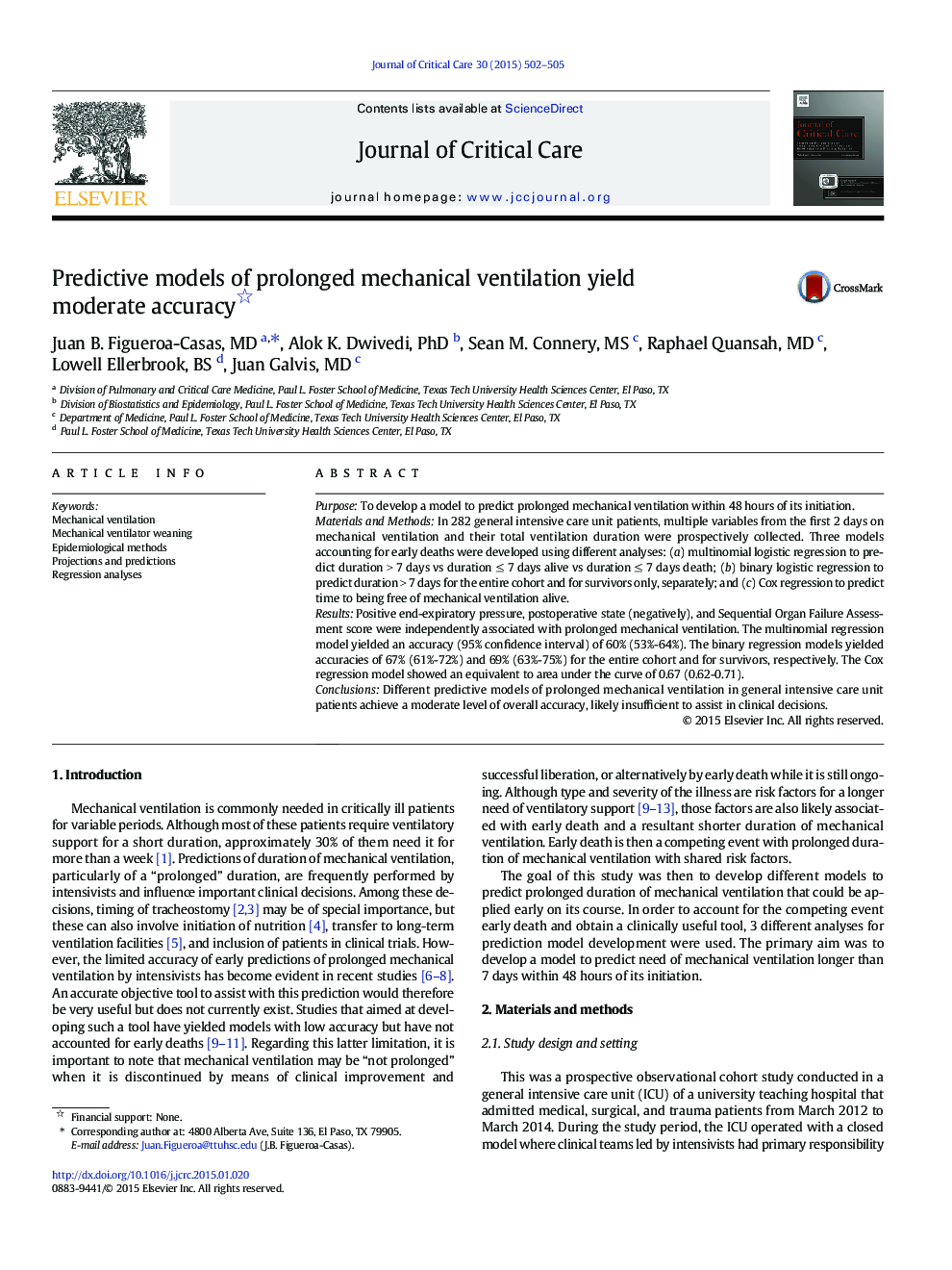 Predictive models of prolonged mechanical ventilation yield moderate accuracy