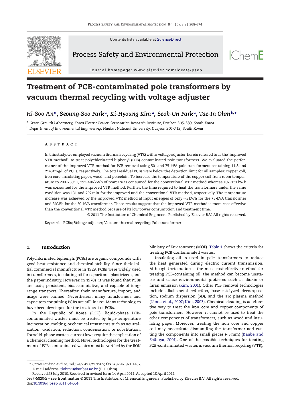 Treatment of PCB-contaminated pole transformers by vacuum thermal recycling with voltage adjuster
