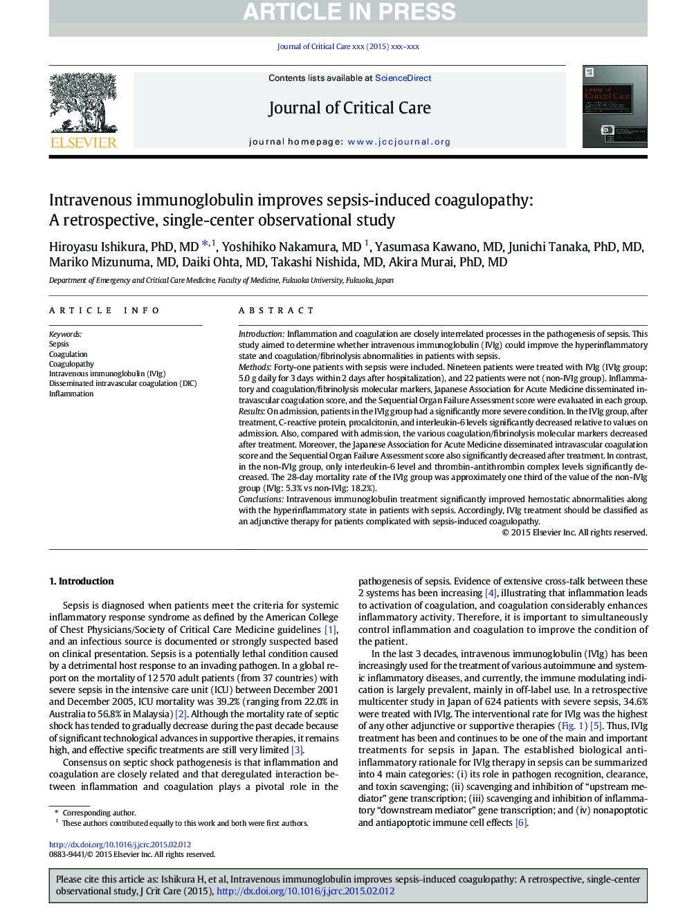ایمونوگلوبولین داخل وریدی کواگولوپاتی ناشی از سپسیس را بهبود می بخشد: یک مطالعه گذشته نگر، مطالعه تک محوری 