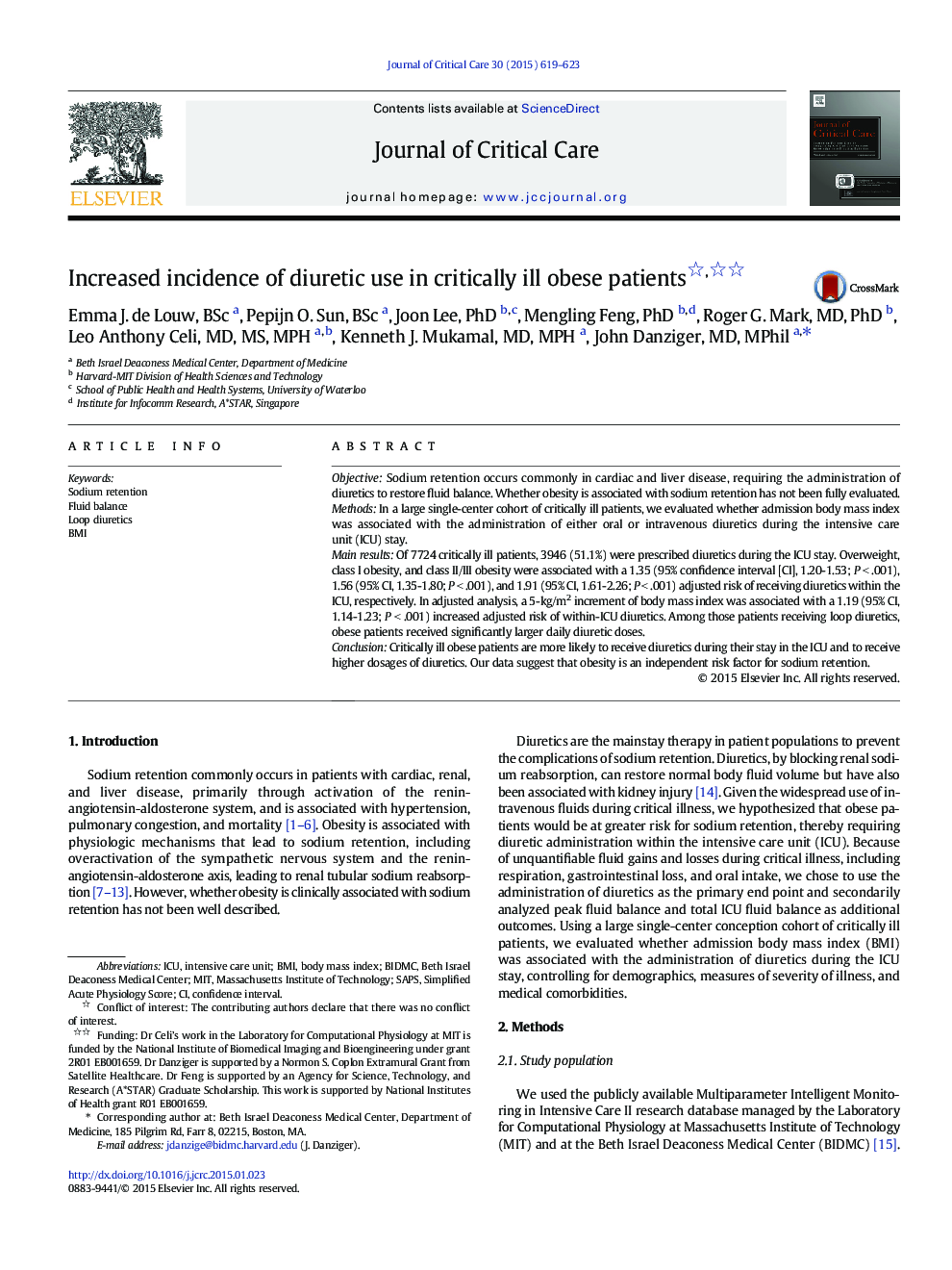 Increased incidence of diuretic use in critically ill obese patients