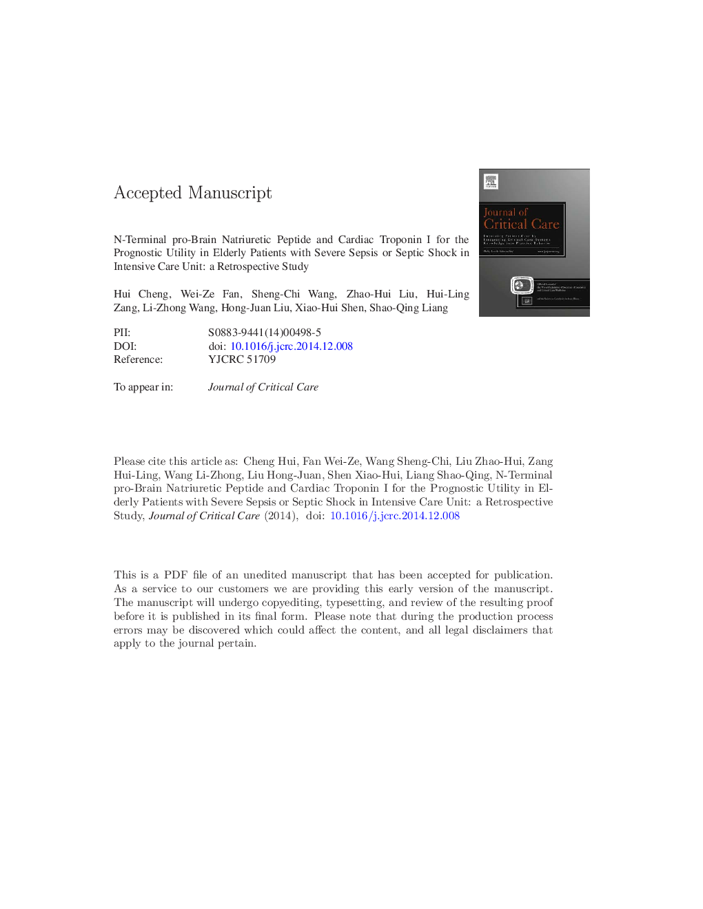 N-terminal pro-brain natriuretic peptide and cardiac troponin I for the prognostic utility in elderly patients with severe sepsis or septic shock in intensive care unit: A retrospective study