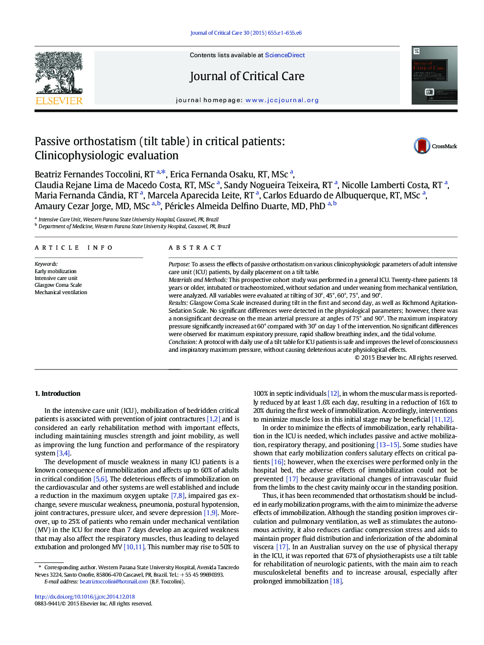 Passive orthostatism (tilt table) in critical patients: Clinicophysiologic evaluation