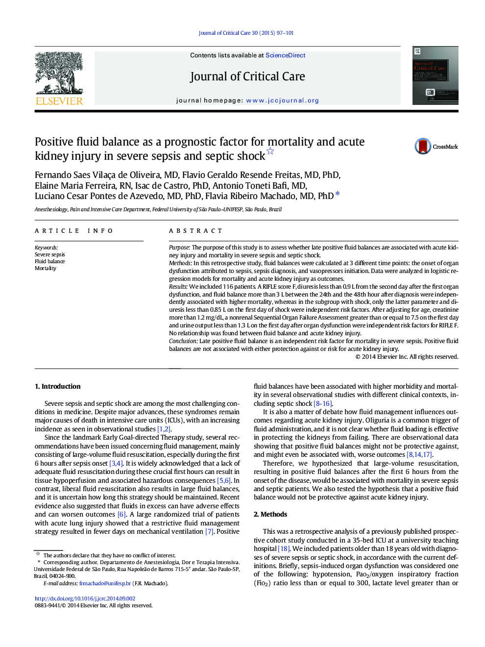 Positive fluid balance as a prognostic factor for mortality and acute kidney injury in severe sepsis and septic shock