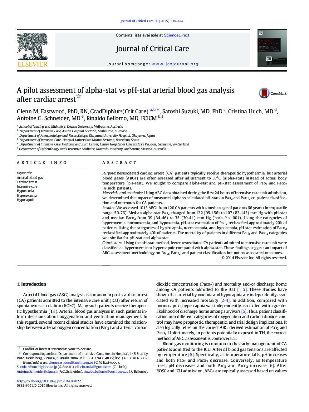 A pilot assessment of alpha-stat vs pH-stat arterial blood gas analysis after cardiac arrest