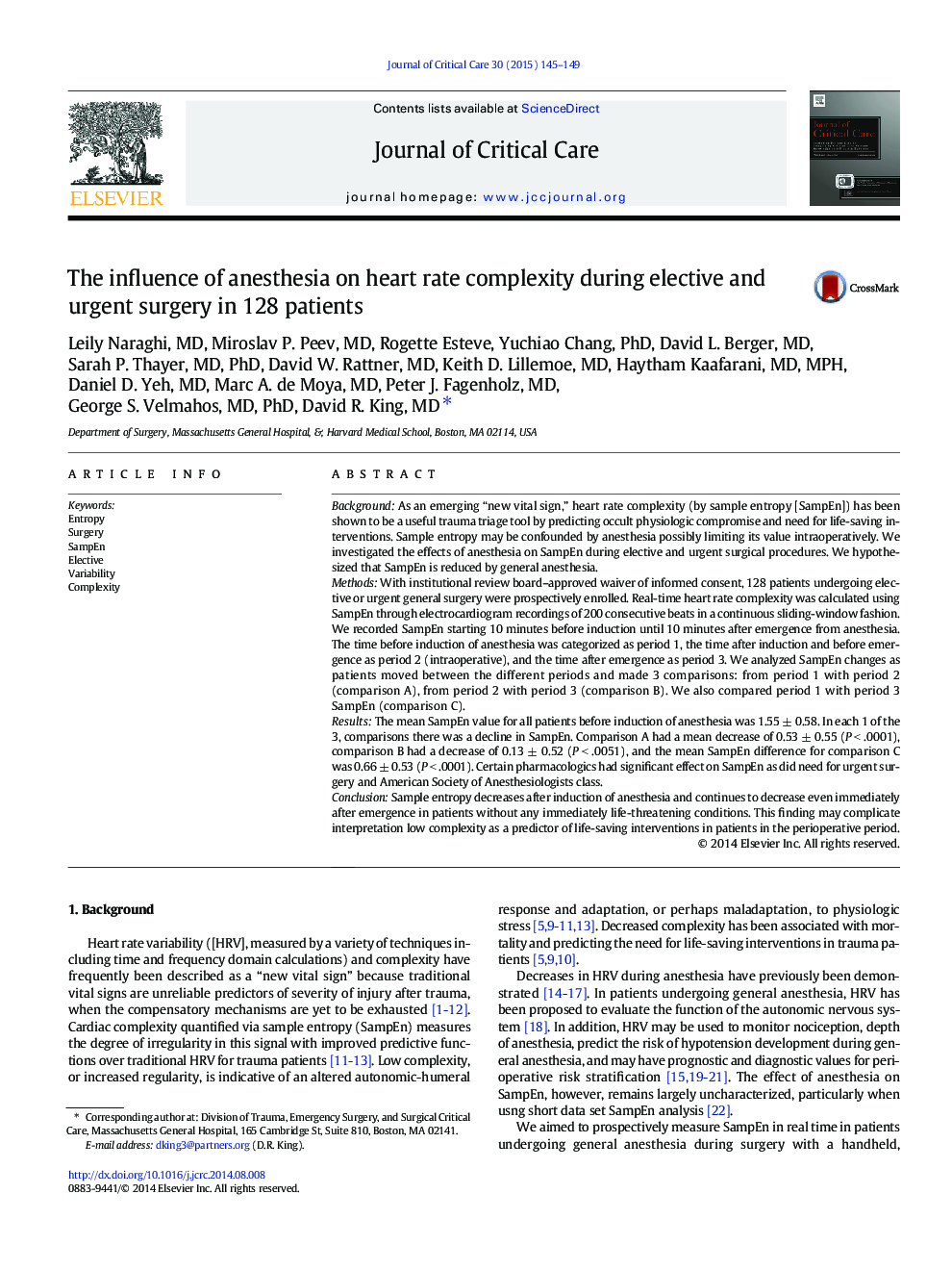 The influence of anesthesia on heart rate complexity during elective and urgent surgery in 128 patients