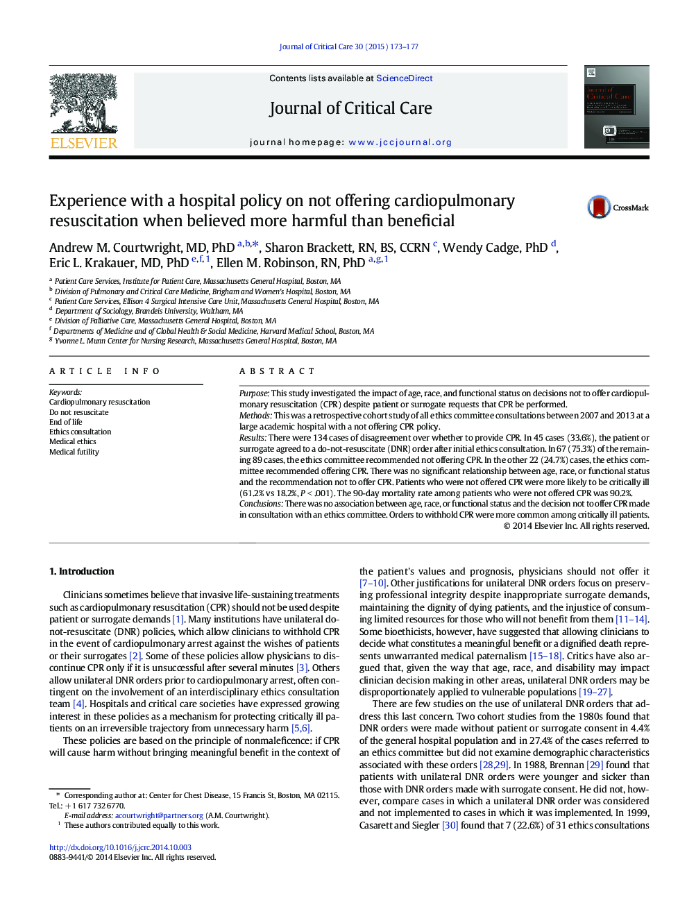 Clinical PotpourriExperience with a hospital policy on not offering cardiopulmonary resuscitation when believed more harmful than beneficial