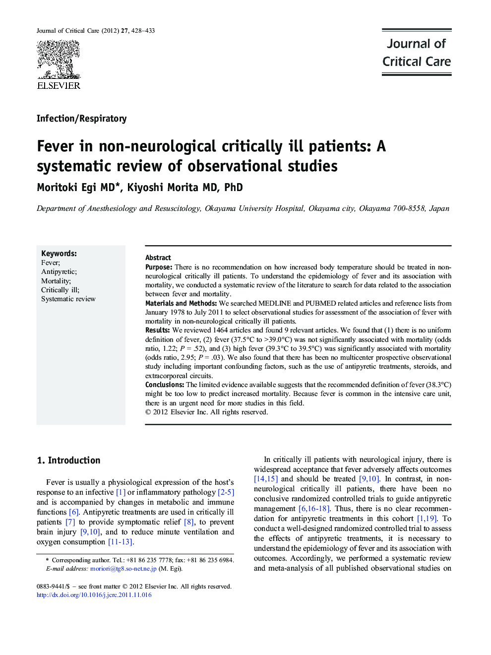 Fever in non-neurological critically ill patients: A systematic review of observational studies