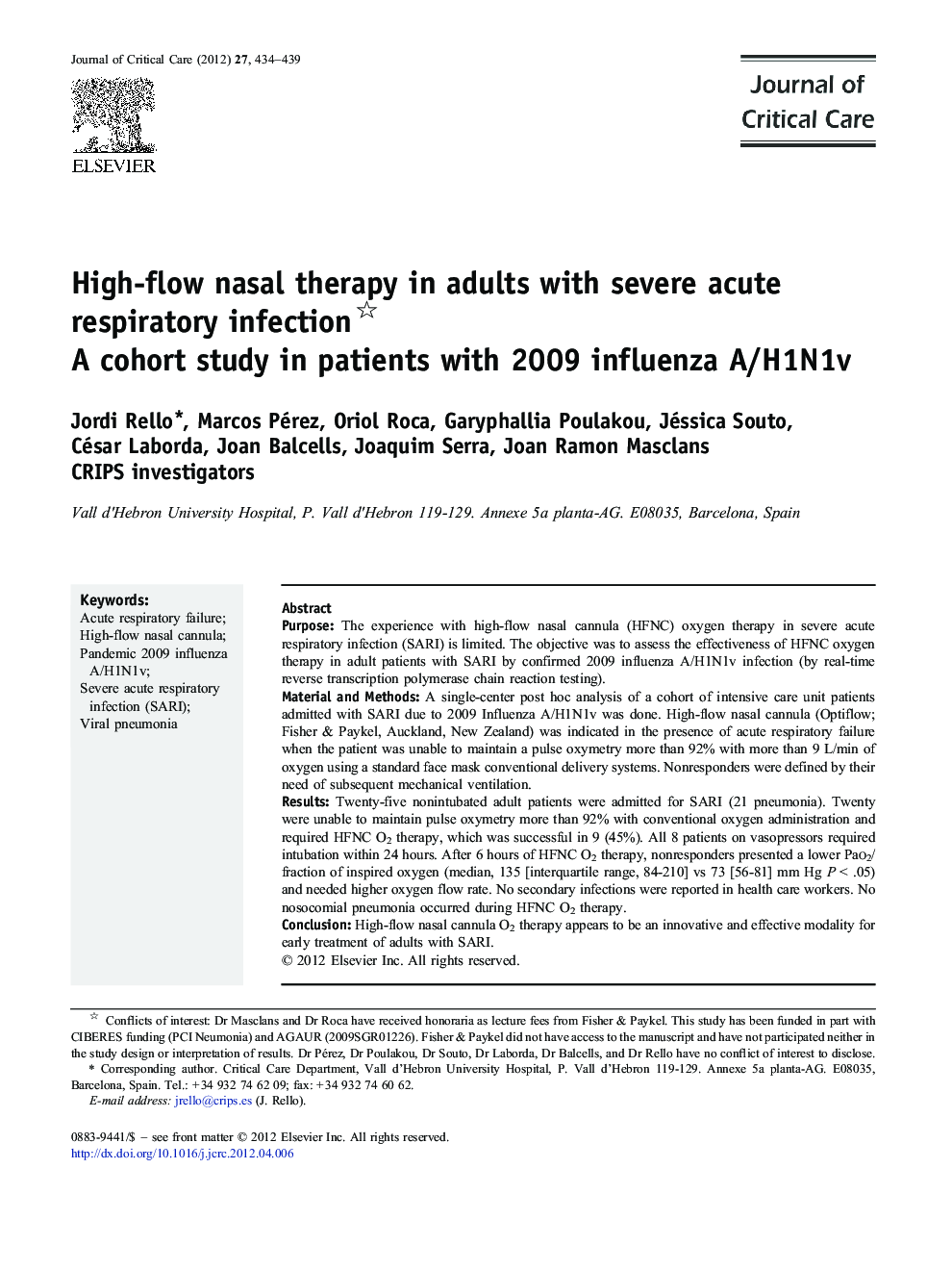 Infection/RespiratoryHigh-flow nasal therapy in adults with severe acute respiratory infection: A cohort study in patients with 2009 influenza A/H1N1v