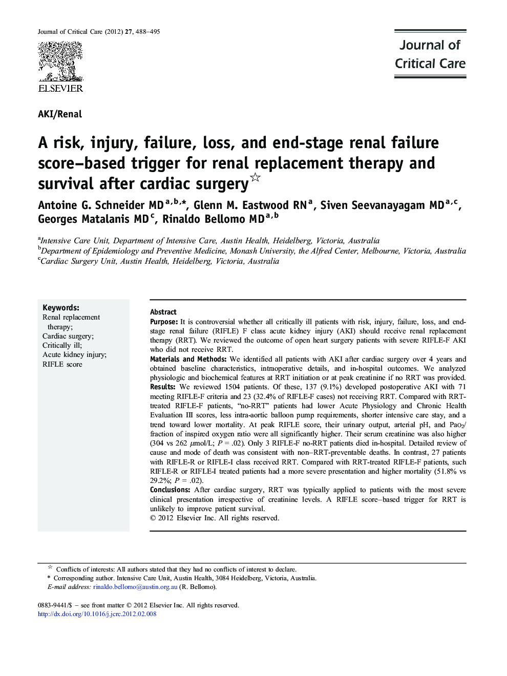 AKI/RenalA risk, injury, failure, loss, and end-stage renal failure score-based trigger for renal replacement therapy and survival after cardiac surgery