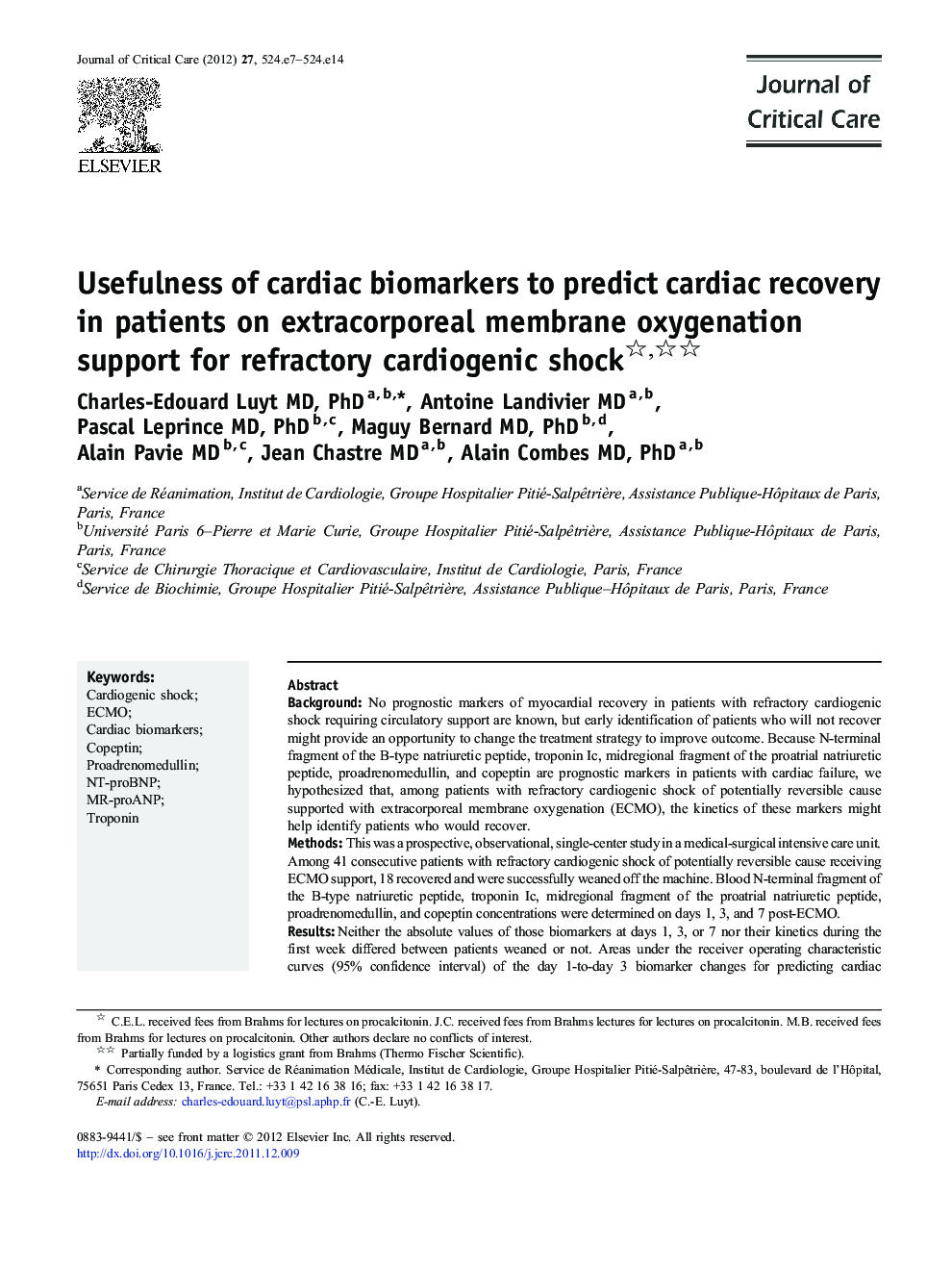 Usefulness of cardiac biomarkers to predict cardiac recovery in patients on extracorporeal membrane oxygenation support for refractory cardiogenic shock