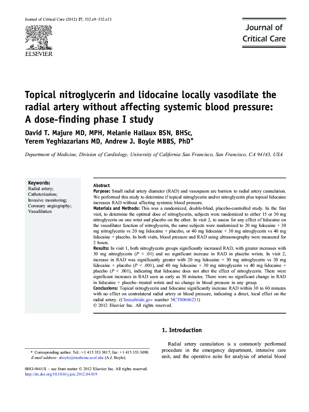 Topical nitroglycerin and lidocaine locally vasodilate the radial artery without affecting systemic blood pressure: A dose-finding phase I study