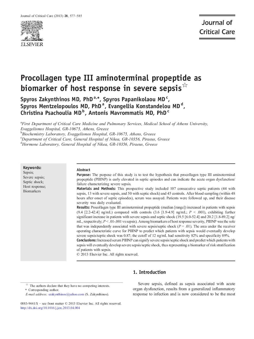 BiomarkersProcollagen type III aminoterminal propeptide as biomarker of host response in severe sepsis