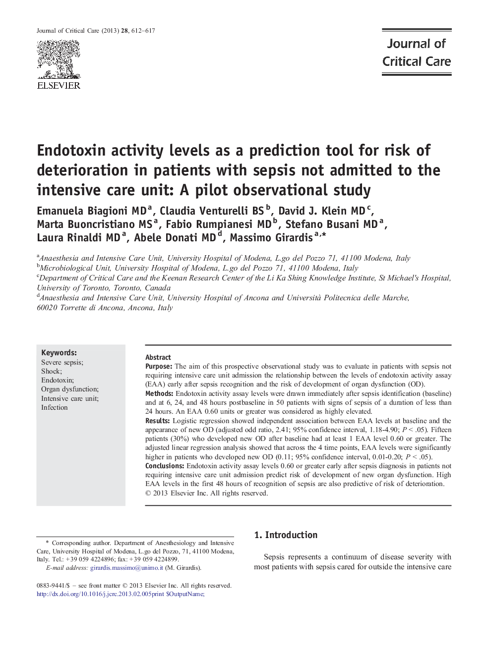 Endotoxin activity levels as a prediction tool for risk of deterioration in patients with sepsis not admitted to the intensive care unit: A pilot observational study