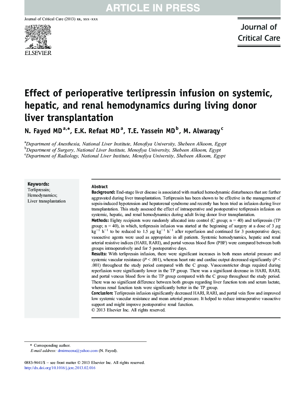 Effect of perioperative terlipressin infusion on systemic, hepatic, and renal hemodynamics during living donor liver transplantation