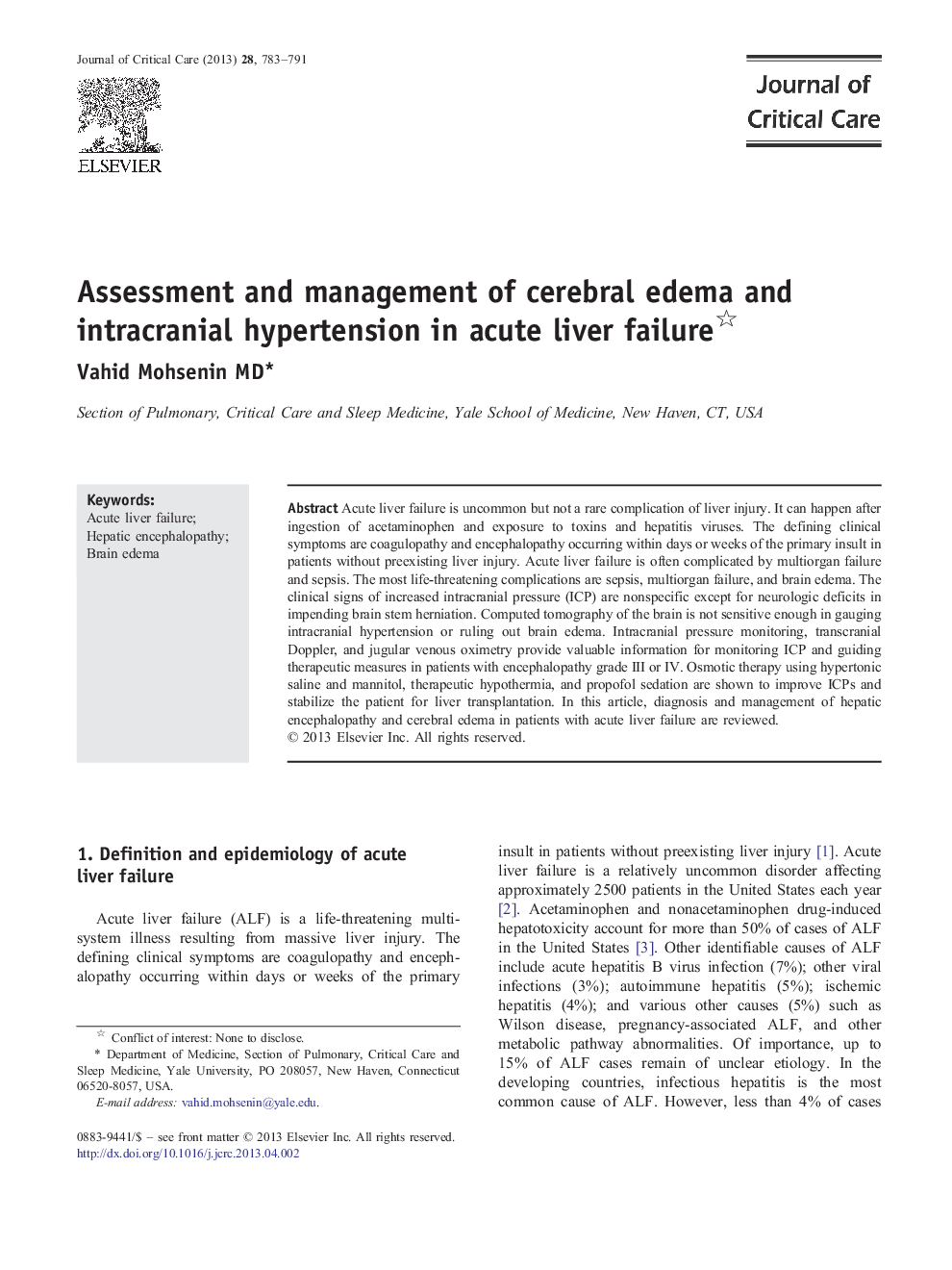 Assessment and management of cerebral edema and intracranial hypertension in acute liver failure