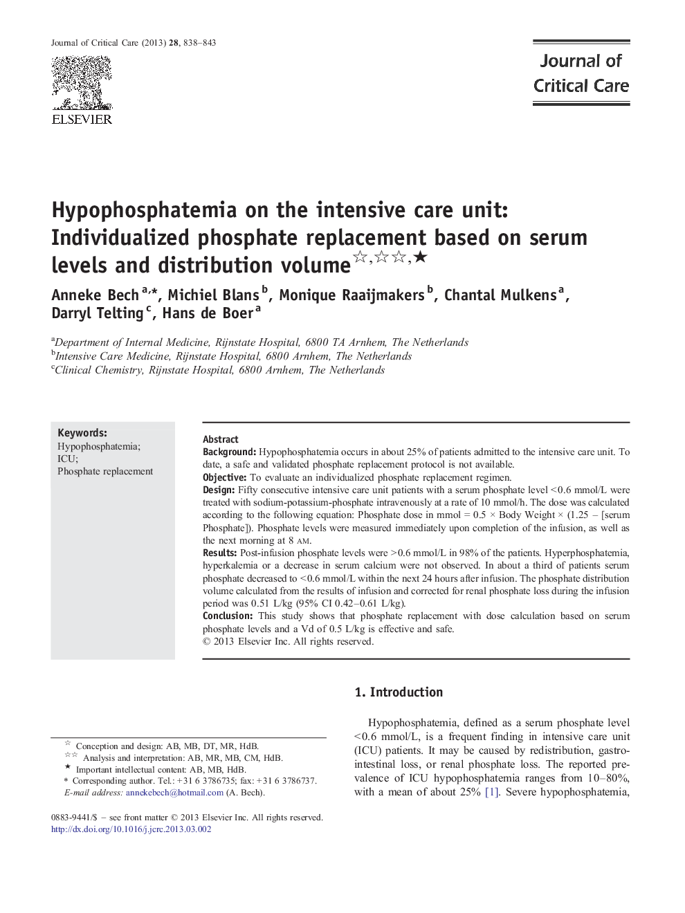 Hypophosphatemia on the intensive care unit: Individualized phosphate replacement based on serum levels and distribution volume