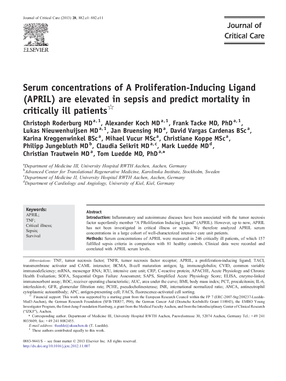 Serum concentrations of A Proliferation-Inducing Ligand (APRIL) are elevated in sepsis and predict mortality in critically ill patients