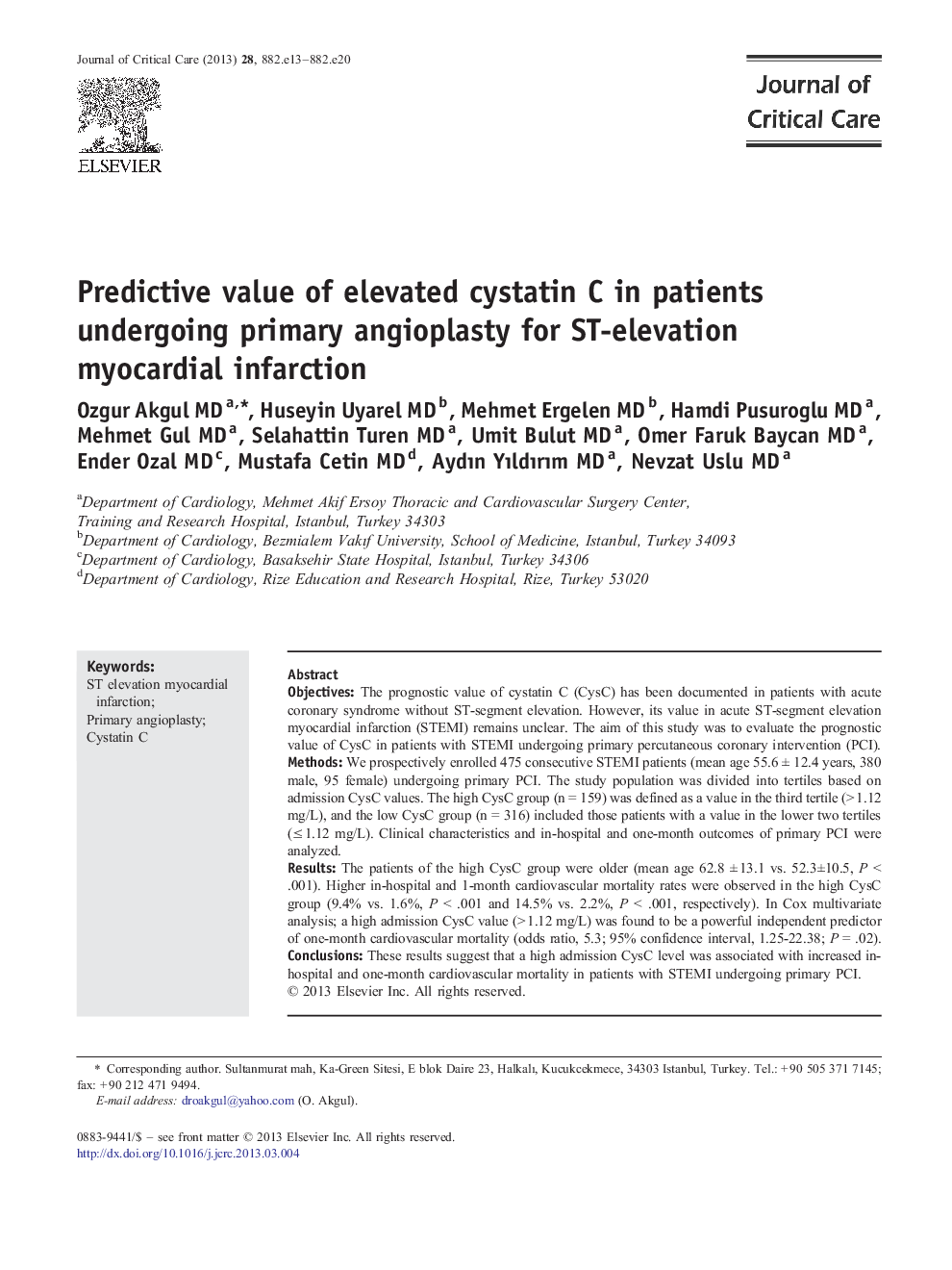 Predictive value of elevated cystatin C in patients undergoing primary angioplasty for ST-elevation myocardial infarction