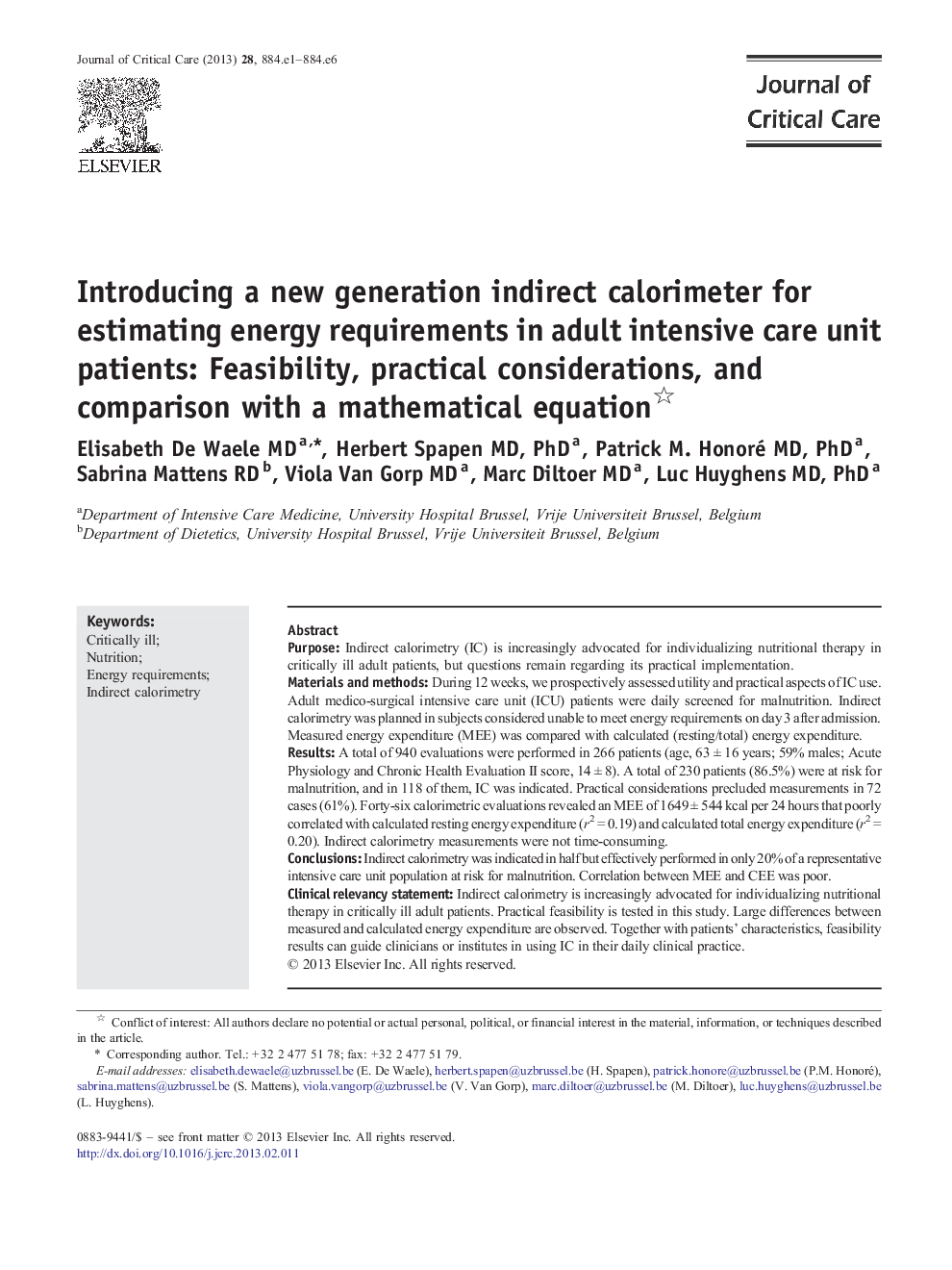 عکس صفحه اول مقاله: Introducing a new generation indirect calorimeter for estimating energy requirements in adult intensive care unit patients: Feasibility, practical considerations, and comparison with a mathematical equation Introducing a new generation indirect calorimeter for estimating energy requirements in adult intensive care unit patients: Feasibility, practical considerations, and comparison with a mathematical equation