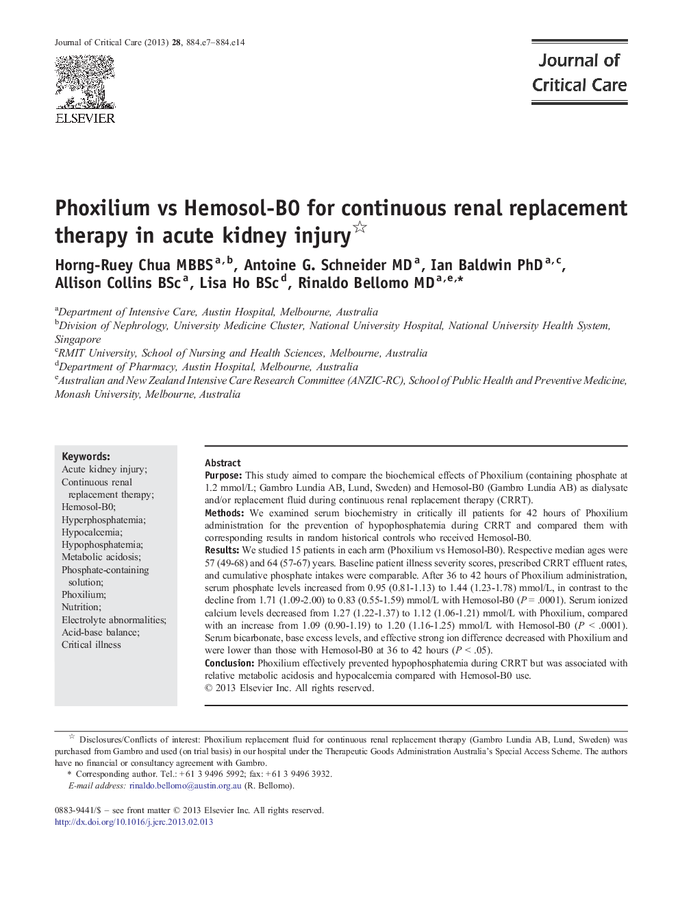 Phoxilium vs Hemosol-B0 for continuous renal replacement therapy in acute kidney injury