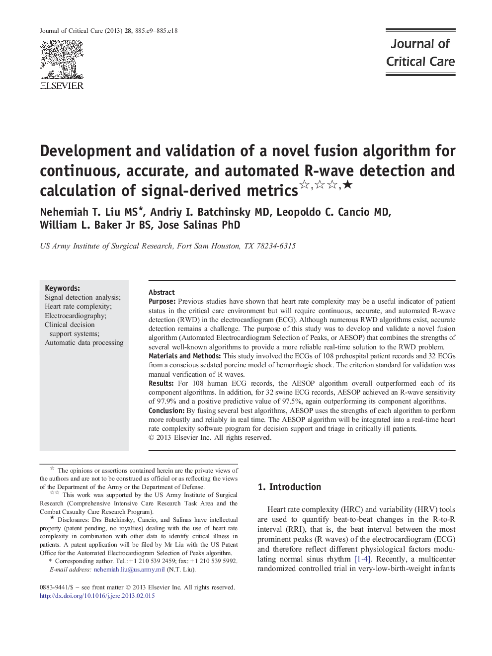 Development and validation of a novel fusion algorithm for continuous, accurate, and automated R-wave detection and calculation of signal-derived metricsâ