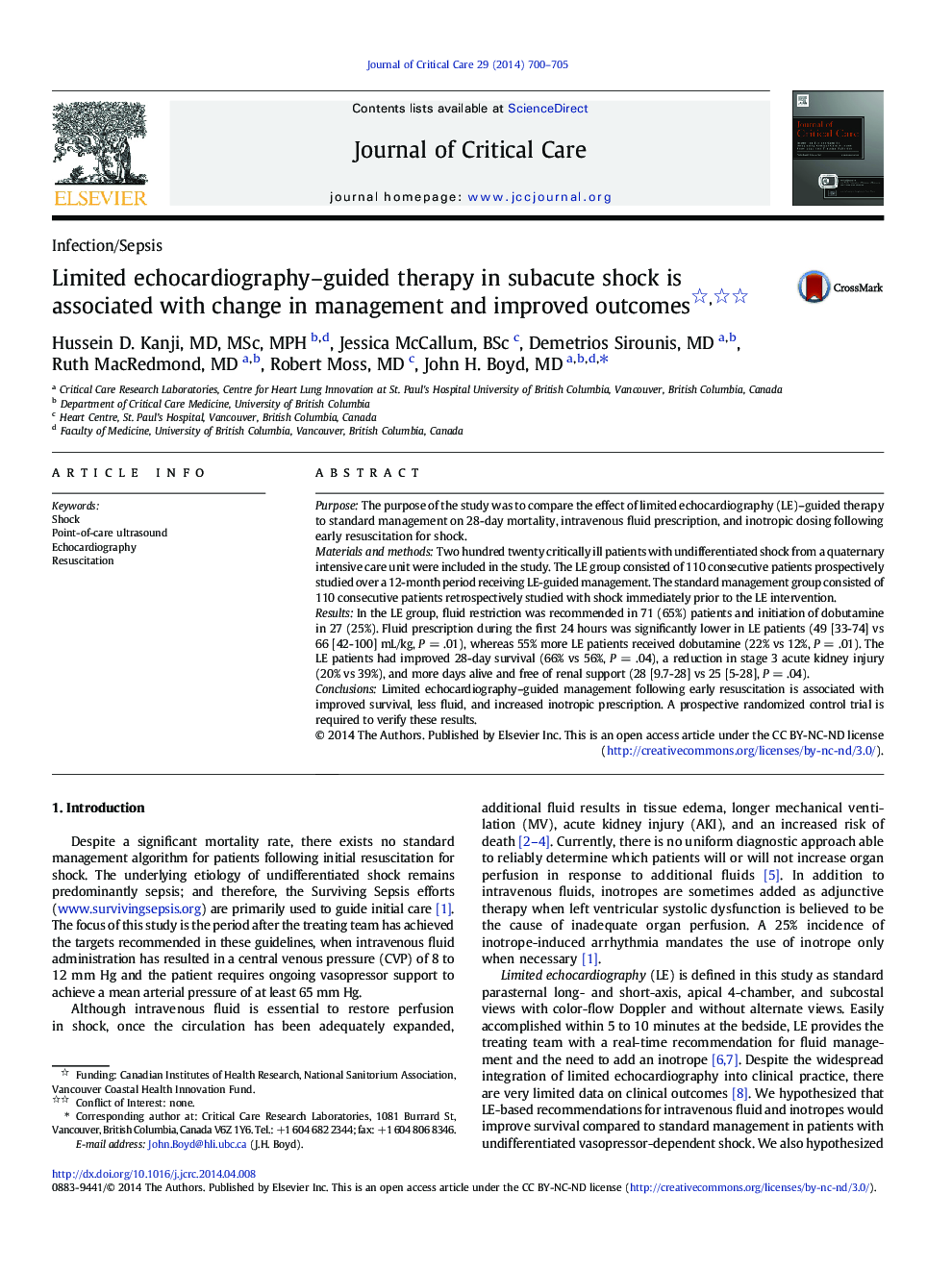 Limited echocardiography-guided therapy in subacute shock is associated with change in management and improved outcomes