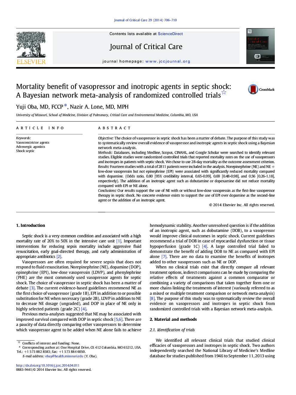 Mortality benefit of vasopressor and inotropic agents in septic shock: A Bayesian network meta-analysis of randomized controlled trials