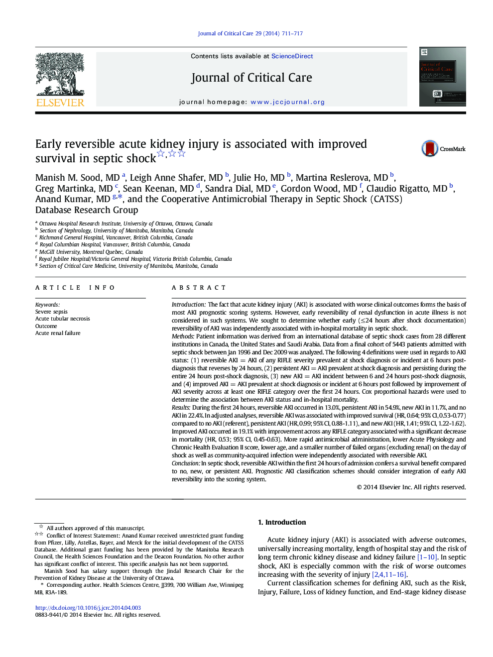 Early reversible acute kidney injury is associated with improved survival in septic shock