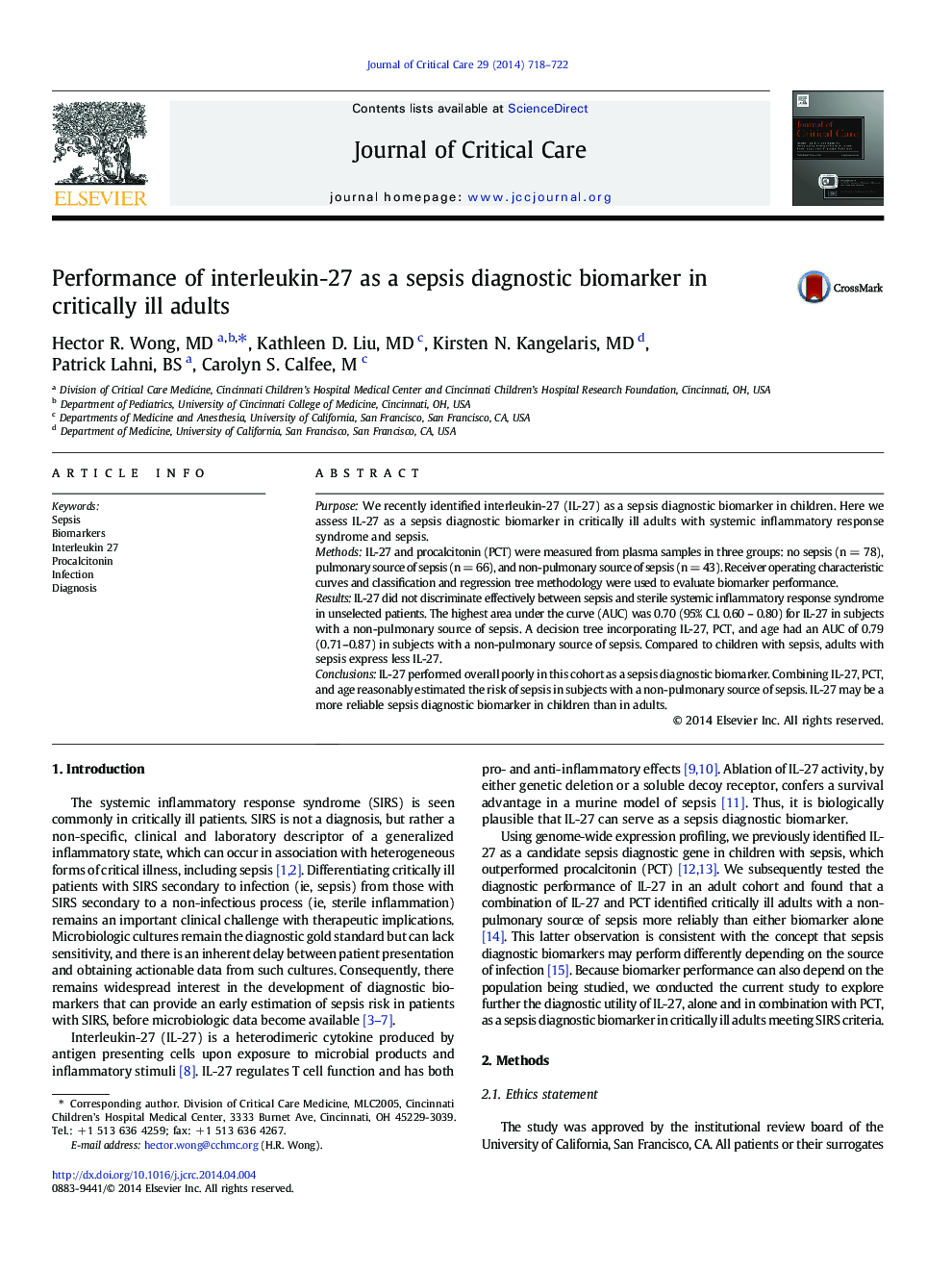 Performance of interleukin-27 as a sepsis diagnostic biomarker in critically ill adults