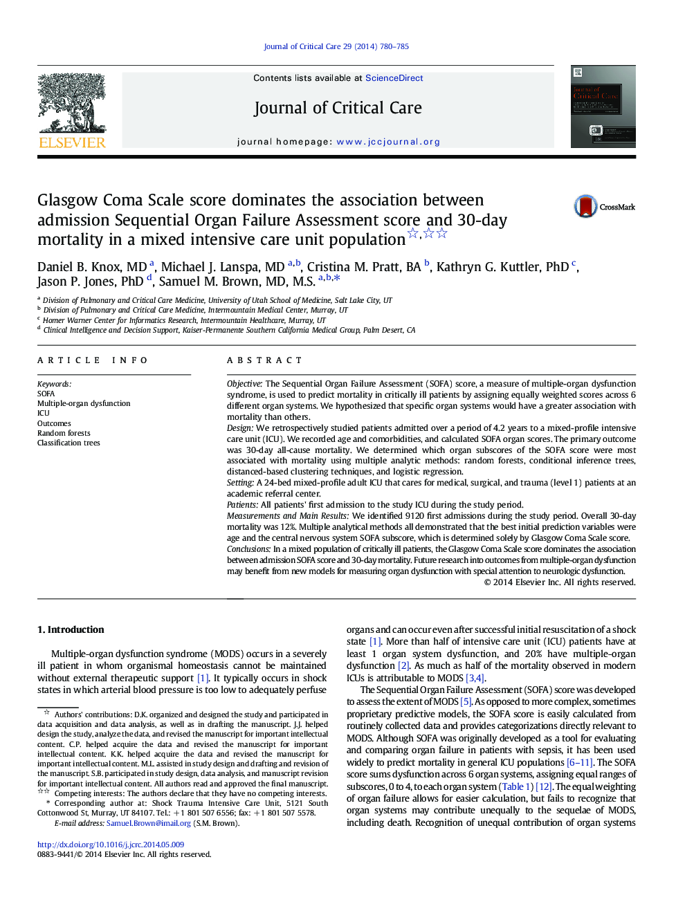 Glasgow Coma Scale score dominates the association between admission Sequential Organ Failure Assessment score and 30-day mortality in a mixed intensive care unit population