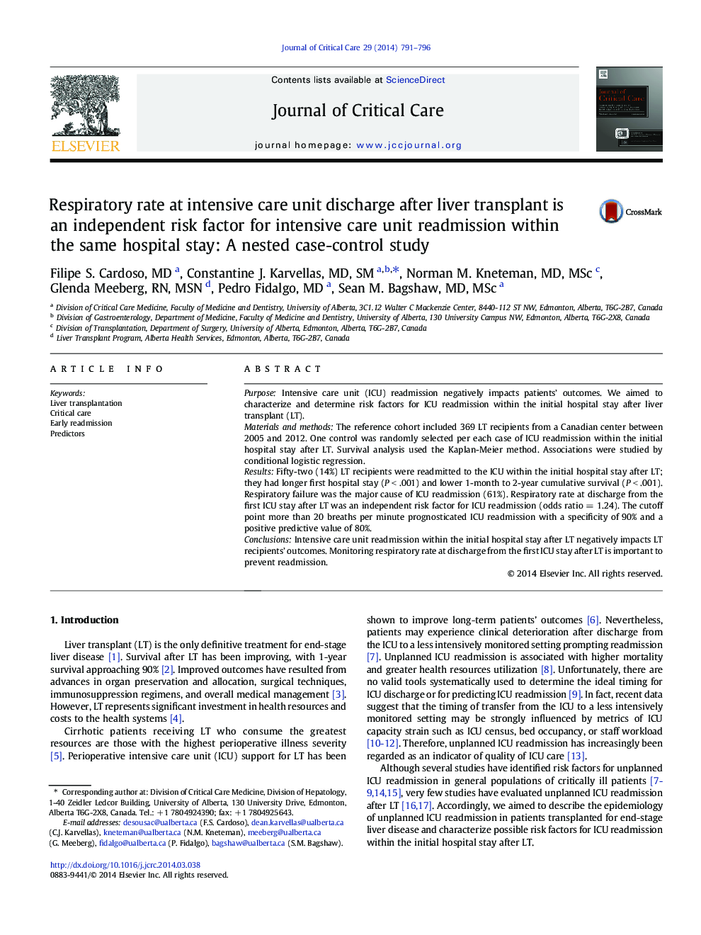 Respiratory rate at intensive care unit discharge after liver transplant is an independent risk factor for intensive care unit readmission within the same hospital stay: A nested case-control study