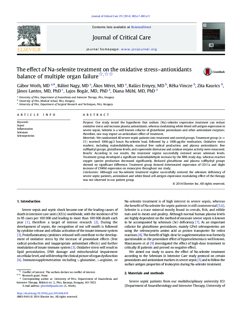 Electronic ArticleThe effect of Na-selenite treatment on the oxidative stress-antioxidants balance of multiple organ failure