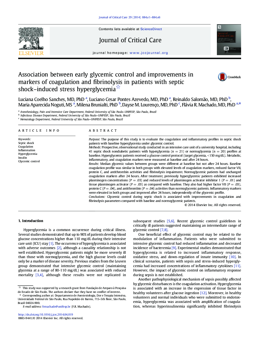 Association between early glycemic control and improvements in markers of coagulation and fibrinolysis in patients with septic shock-induced stress hyperglycemia