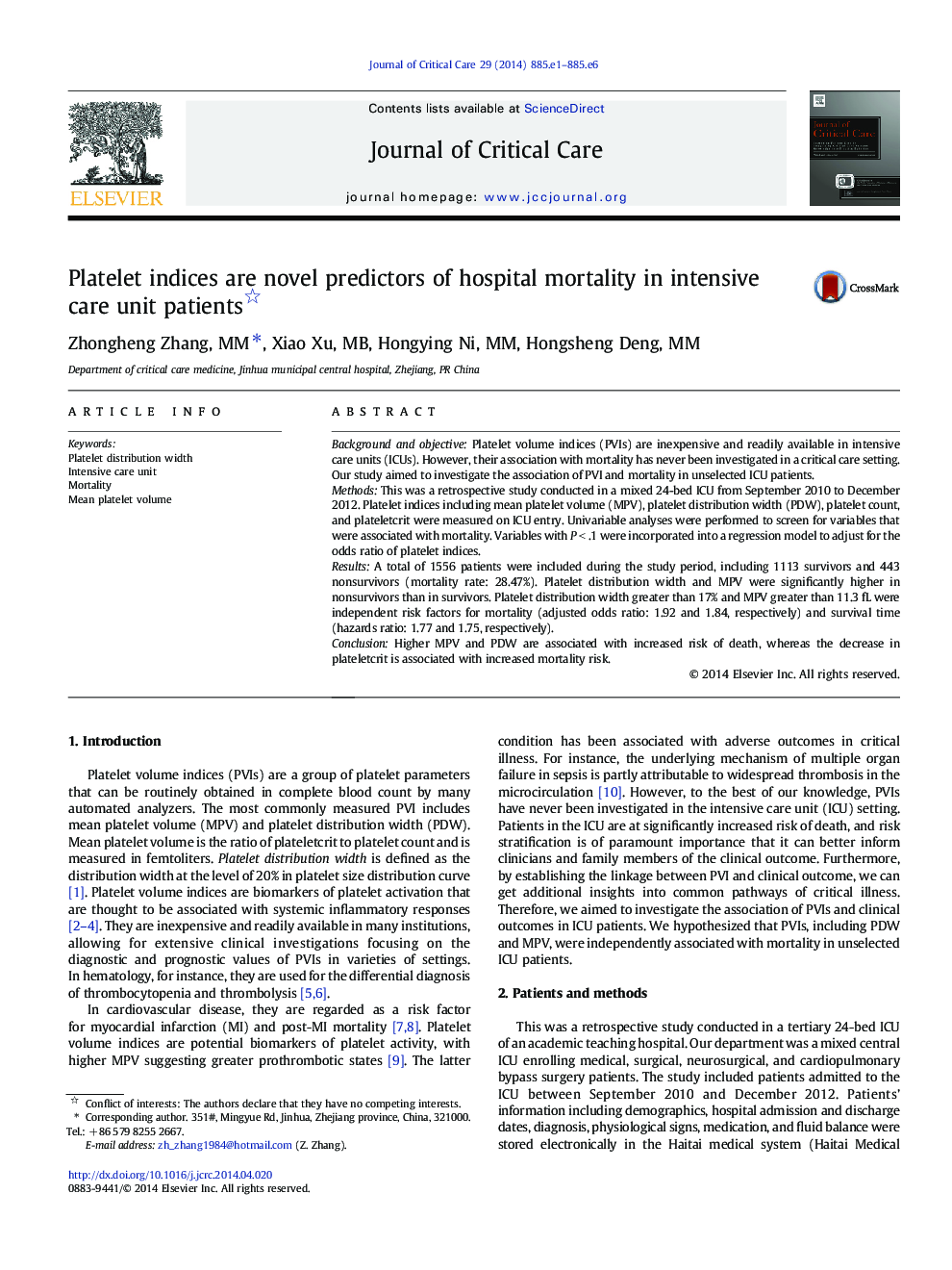 Platelet indices are novel predictors of hospital mortality in intensive care unit patients