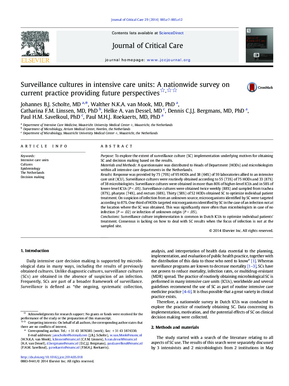 Electronic ArticleSurveillance cultures in intensive care units: A nationwide survey on current practice providing future perspectives