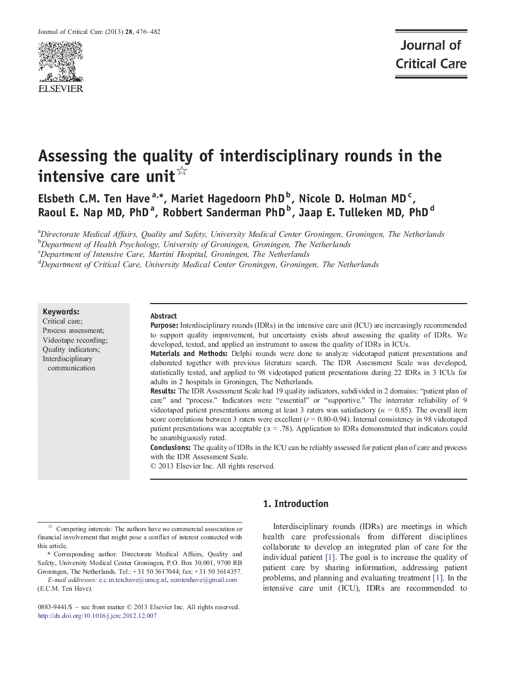 AdministrationAssessing the quality of interdisciplinary rounds in the intensive care unit