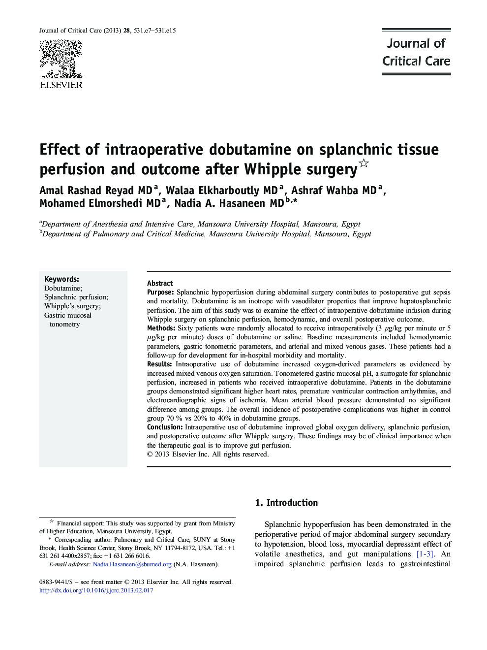 Effect of intraoperative dobutamine on splanchnic tissue perfusion and outcome after Whipple surgery