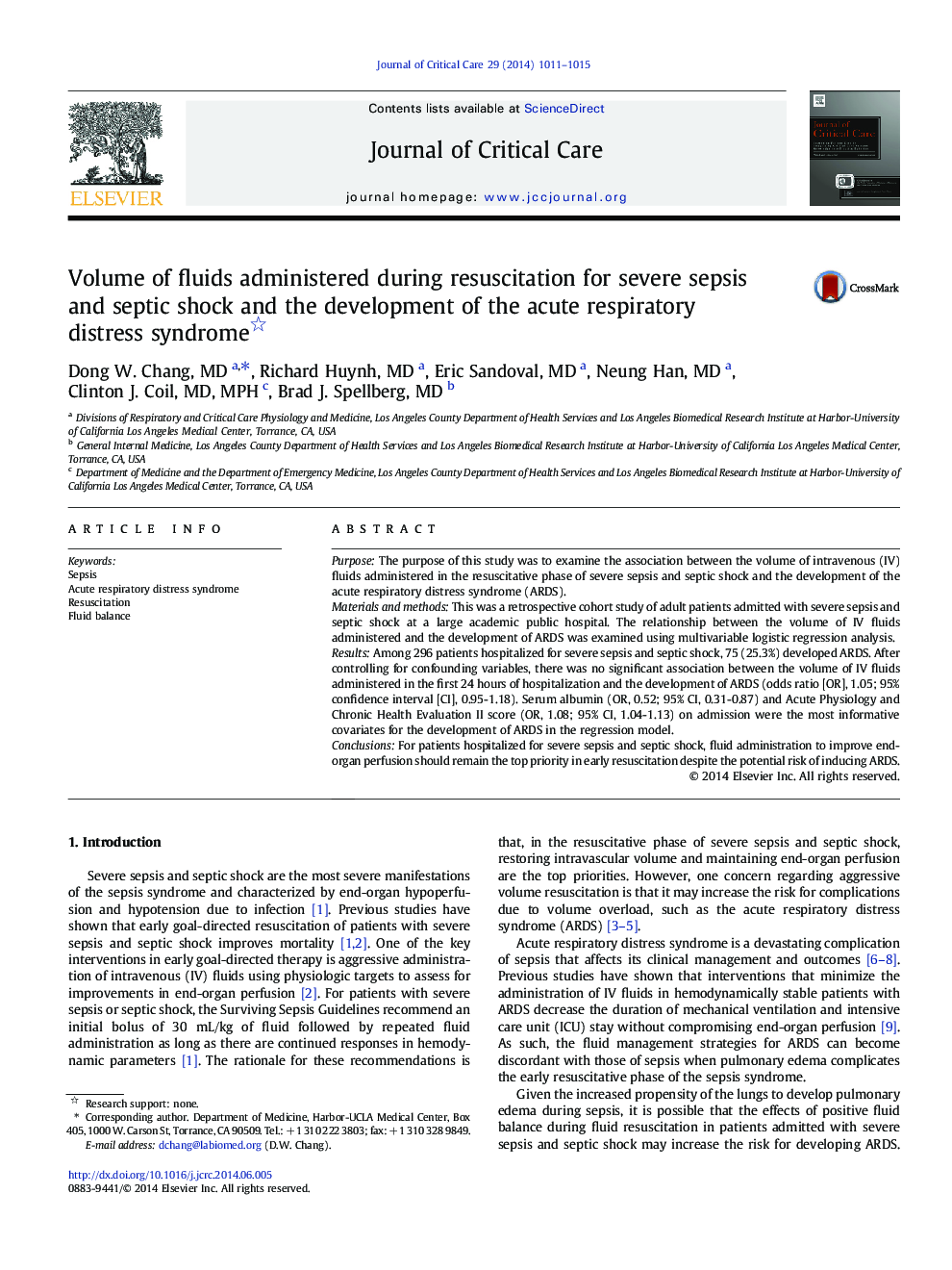 Volume of fluids administered during resuscitation for severe sepsis and septic shock and the development of the acute respiratory distress syndrome