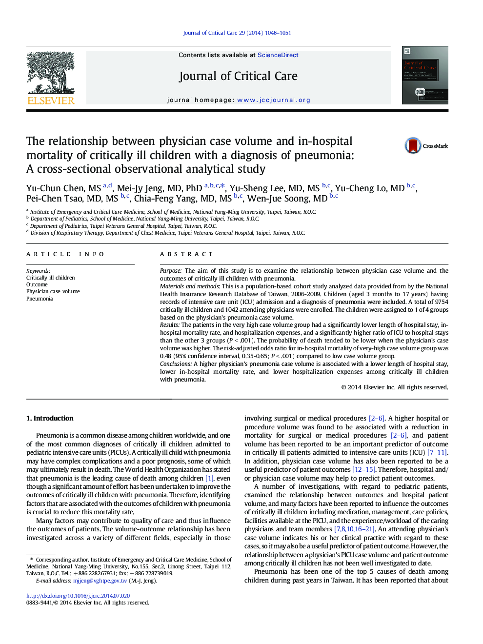 The relationship between physician case volume and in-hospital mortality of critically ill children with a diagnosis of pneumonia: A cross-sectional observational analytical study