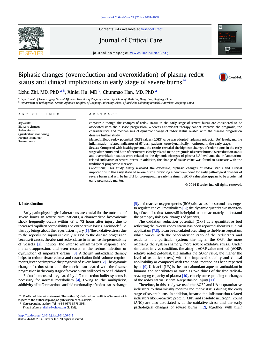 Clinical PotpourriBiphasic changes (overreduction and overoxidation) of plasma redox status and clinical implications in early stage of severe burns