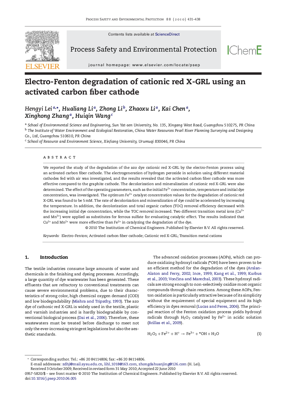 عکس صفحه اول مقاله: Electro-Fenton degradation of cationic red X-GRL using an activated carbon fiber cathode Electro-Fenton degradation of cationic red X-GRL using an activated carbon fiber cathode