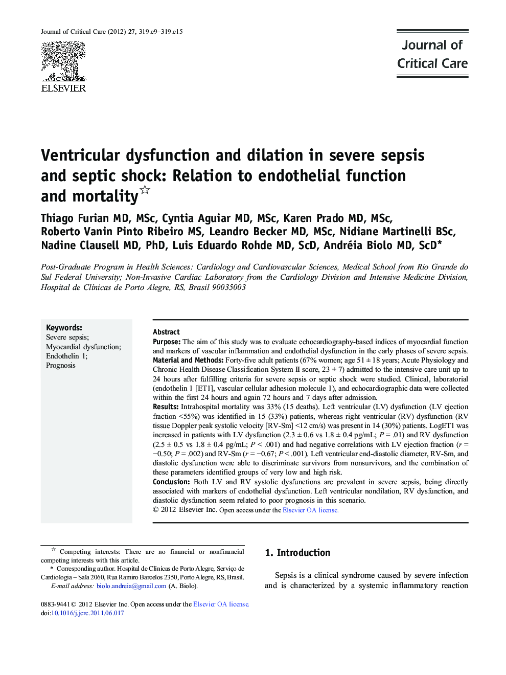 Ventricular dysfunction and dilation in severe sepsis and septic shock: Relation to endothelial function and mortality