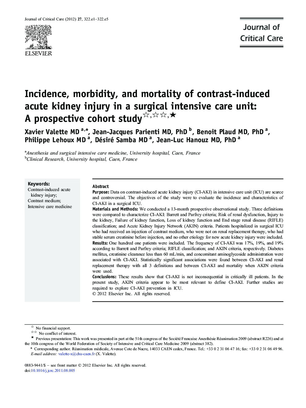 Incidence, morbidity, and mortality of contrast-induced acute kidney injury in a surgical intensive care unit: A prospective cohort study