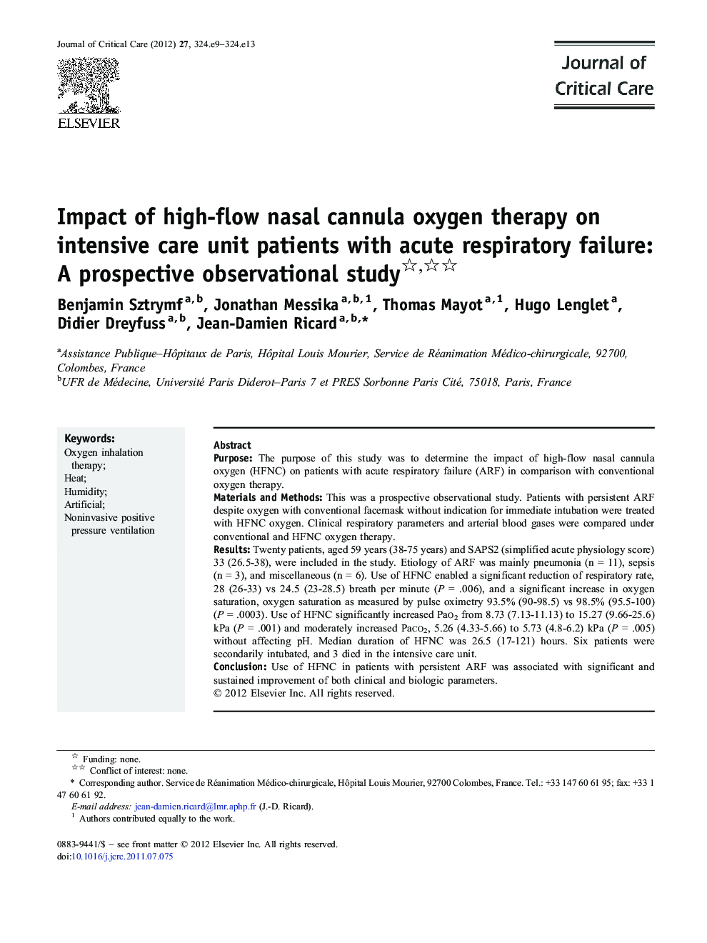 Impact of high-flow nasal cannula oxygen therapy on intensive care unit patients with acute respiratory failure: A prospective observational study