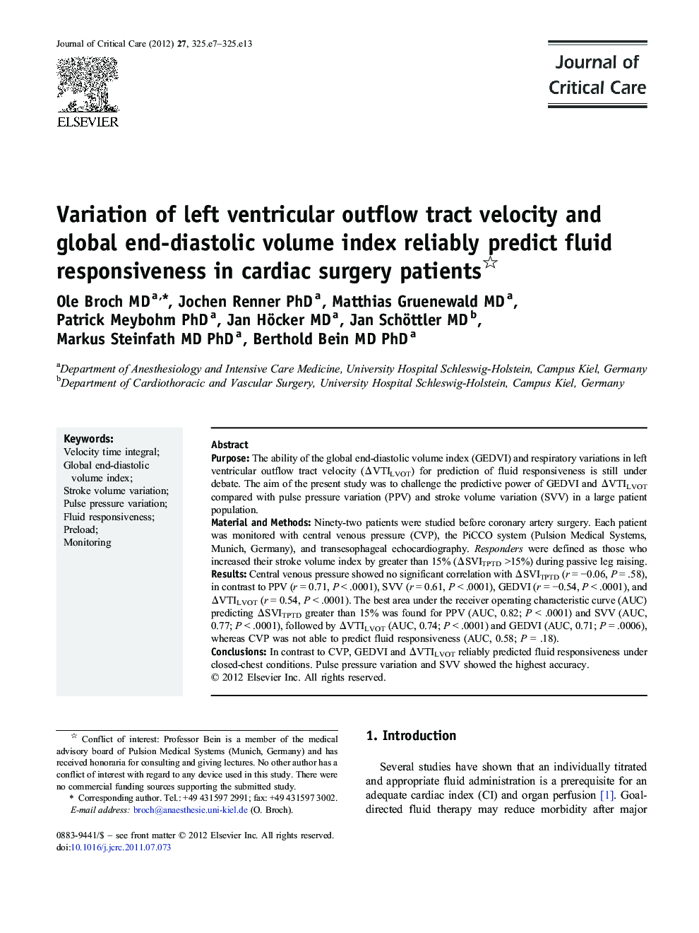 Variation of left ventricular outflow tract velocity and global end-diastolic volume index reliably predict fluid responsiveness in cardiac surgery patients