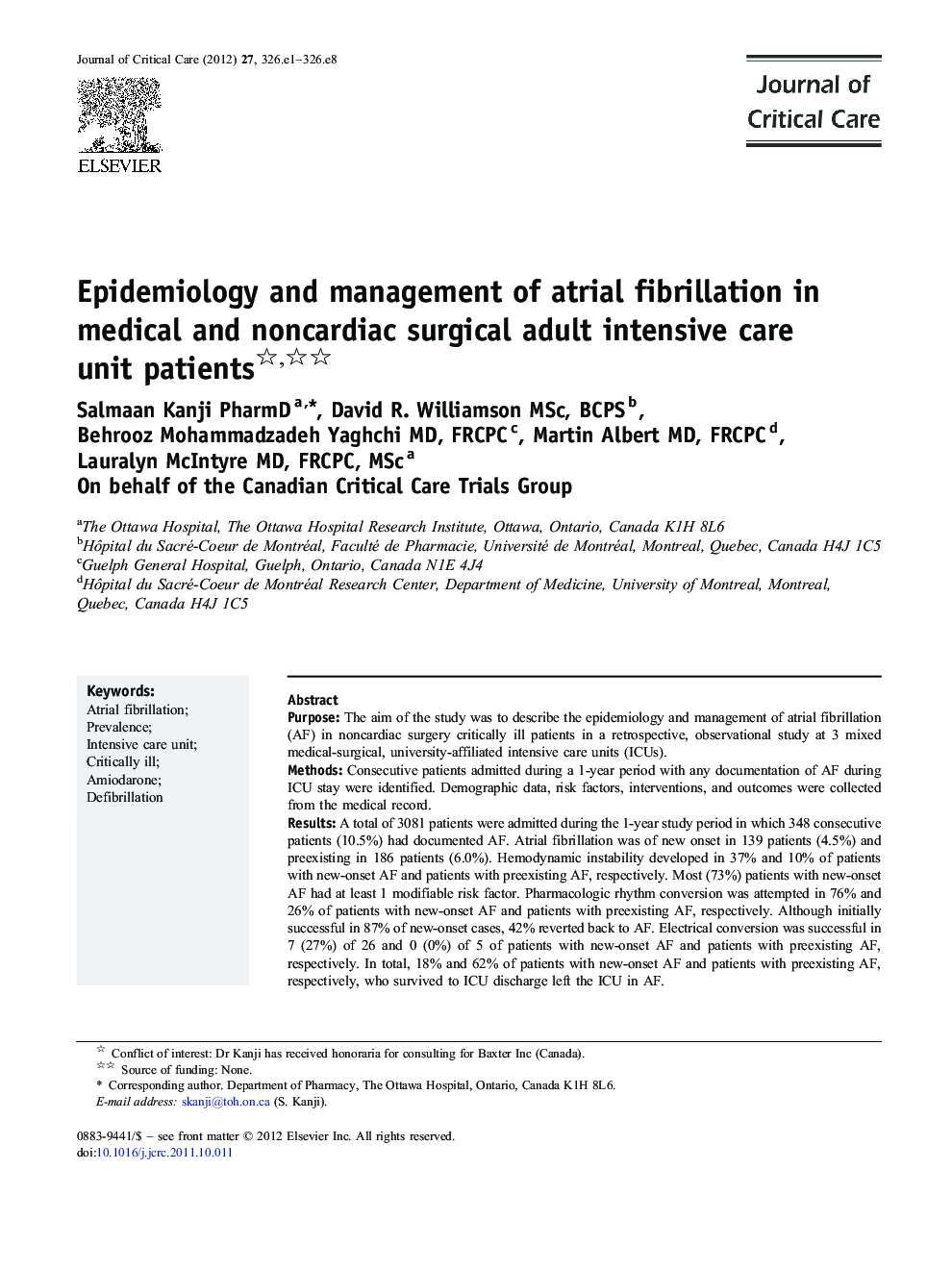 Epidemiology and management of atrial fibrillation in medical and noncardiac surgical adult intensive care unit patients