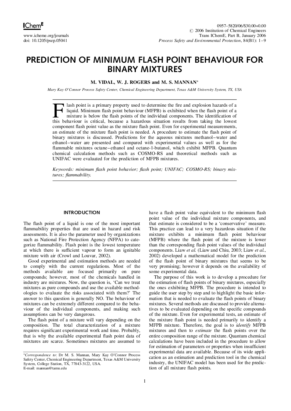 Prediction of Minimum Flash Point Behaviour for Binary Mixtures